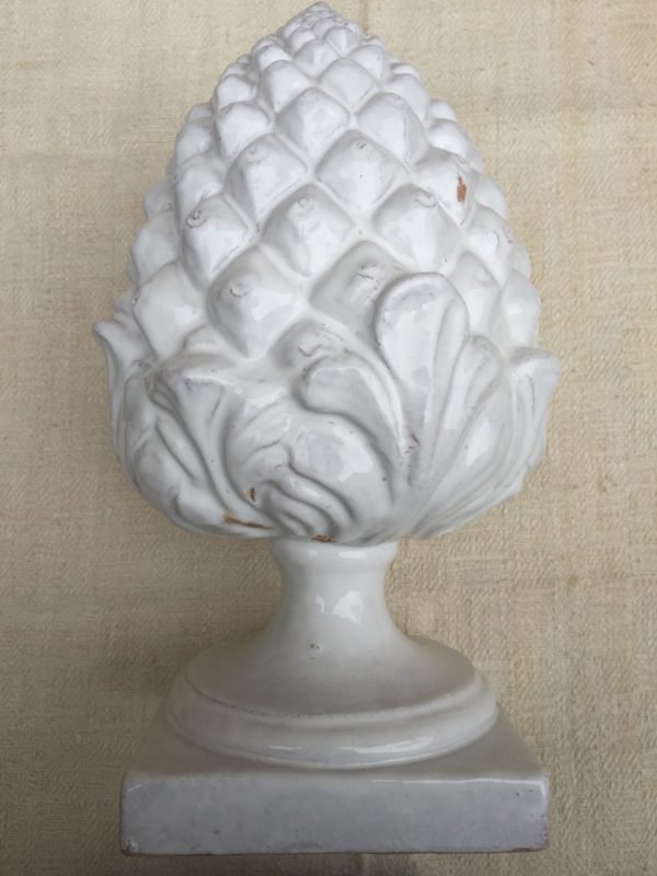 terracotta pine cone glazed in white